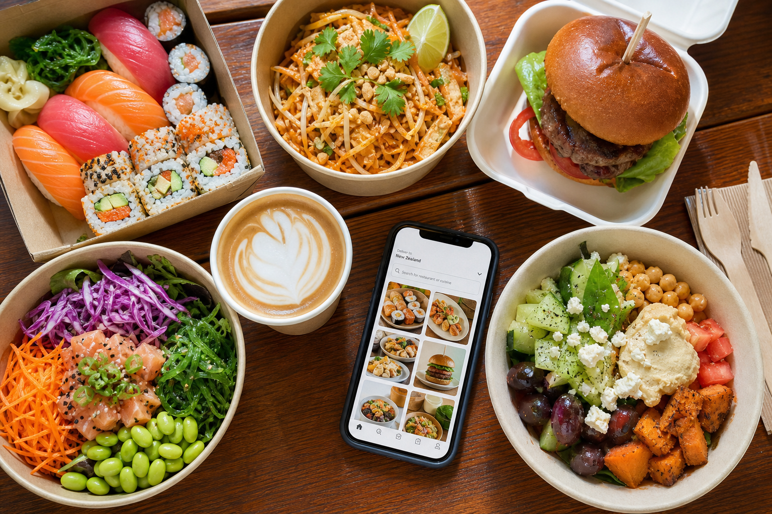 Bright table of New Zealand takeaway meals with a food marketplace ordering app nearby