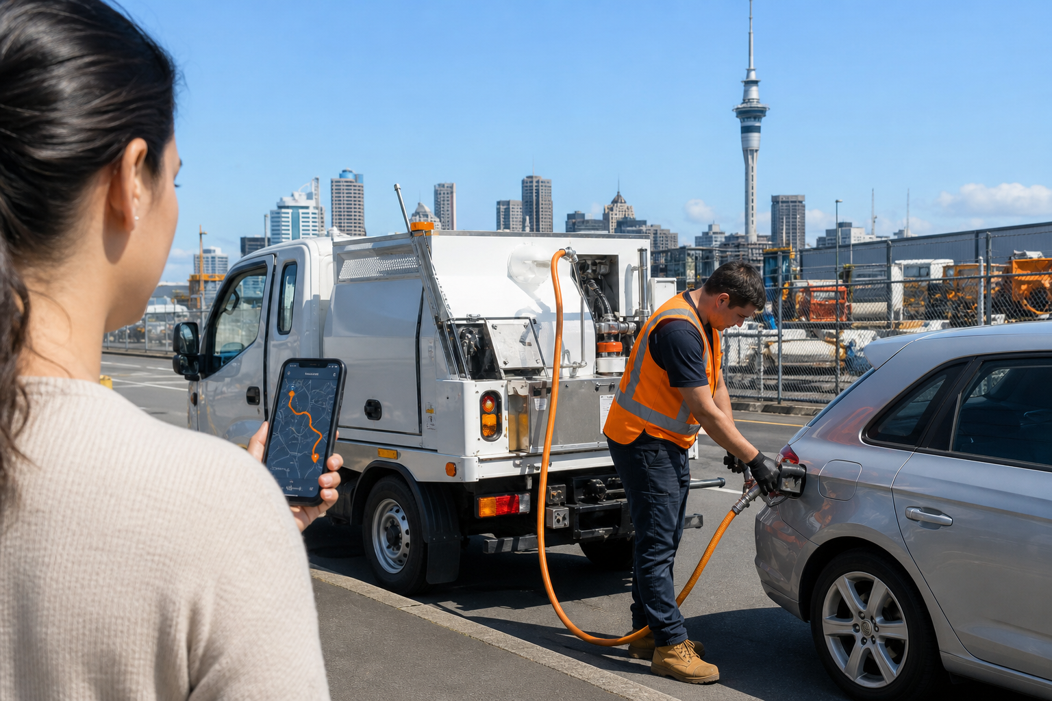 Bright Auckland industrial yard with a fuel delivery van arriving while a customer tracks the order on a phone