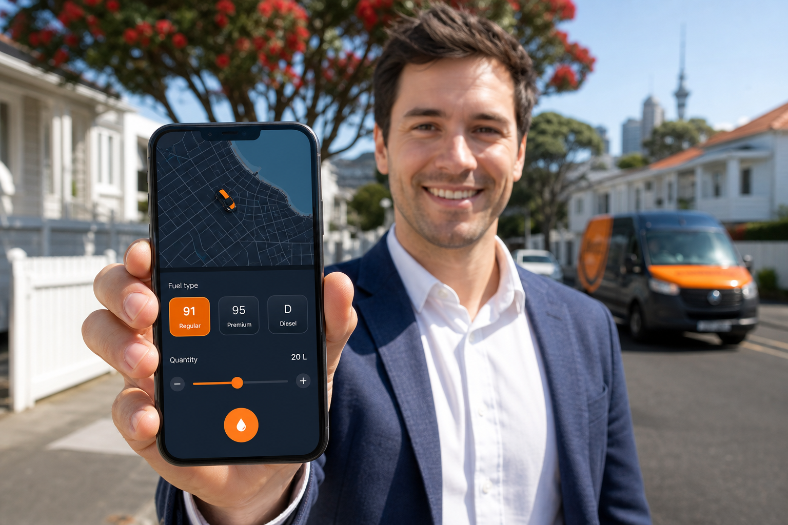 Sunny Auckland street with a smartphone showing an original fuel delivery tracking map