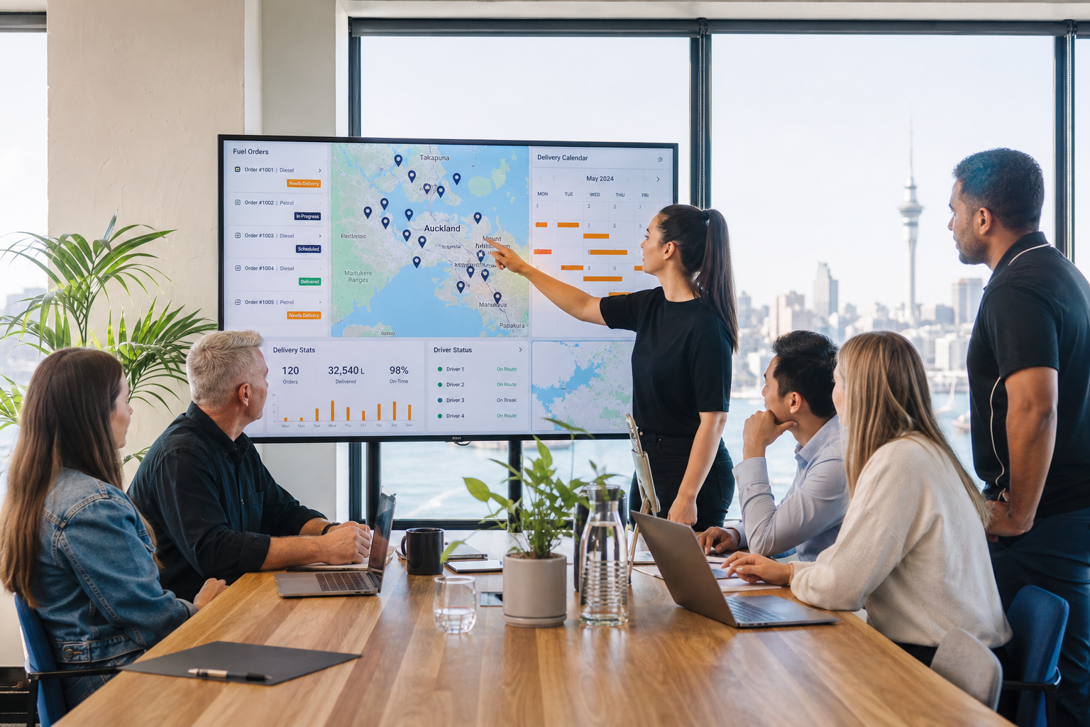 Bright Auckland studio team reviewing a fuel delivery tracking and dispatch dashboard