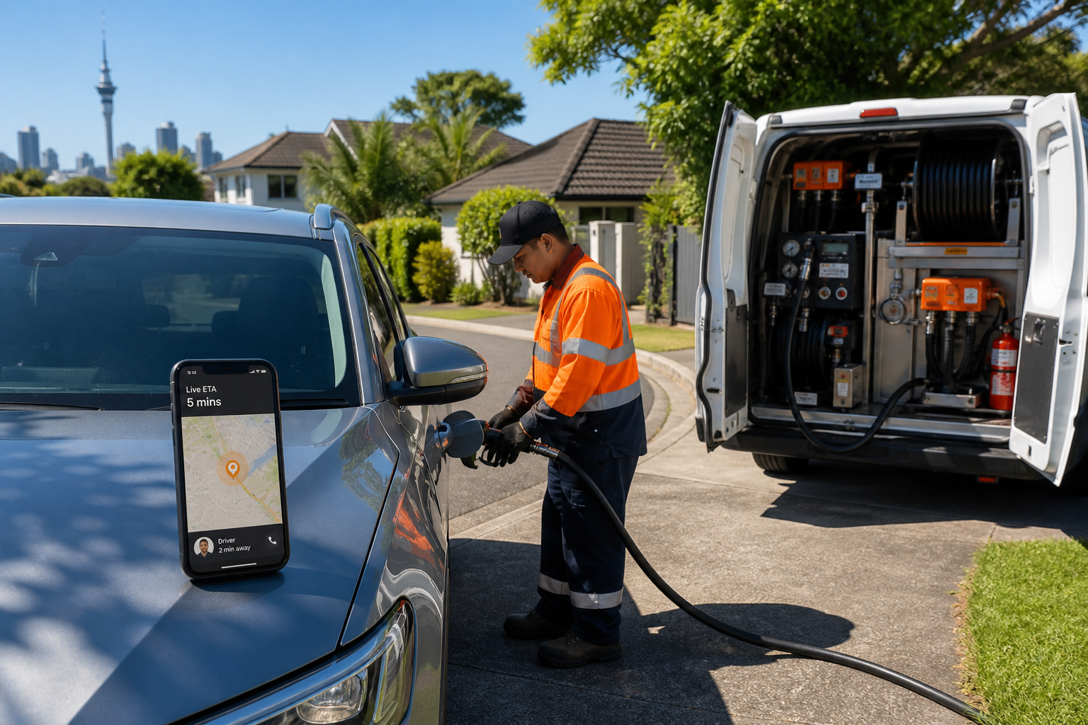 Sunny Auckland driveway with a mobile fuel van refuelling a car while a phone shows live tracking