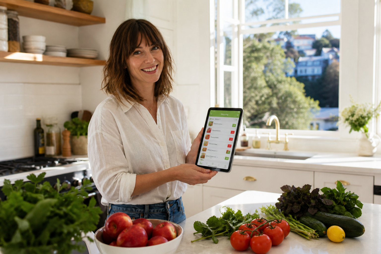 Sunny Auckland kitchen with a founder reviewing an original grocery shopping app on a tablet