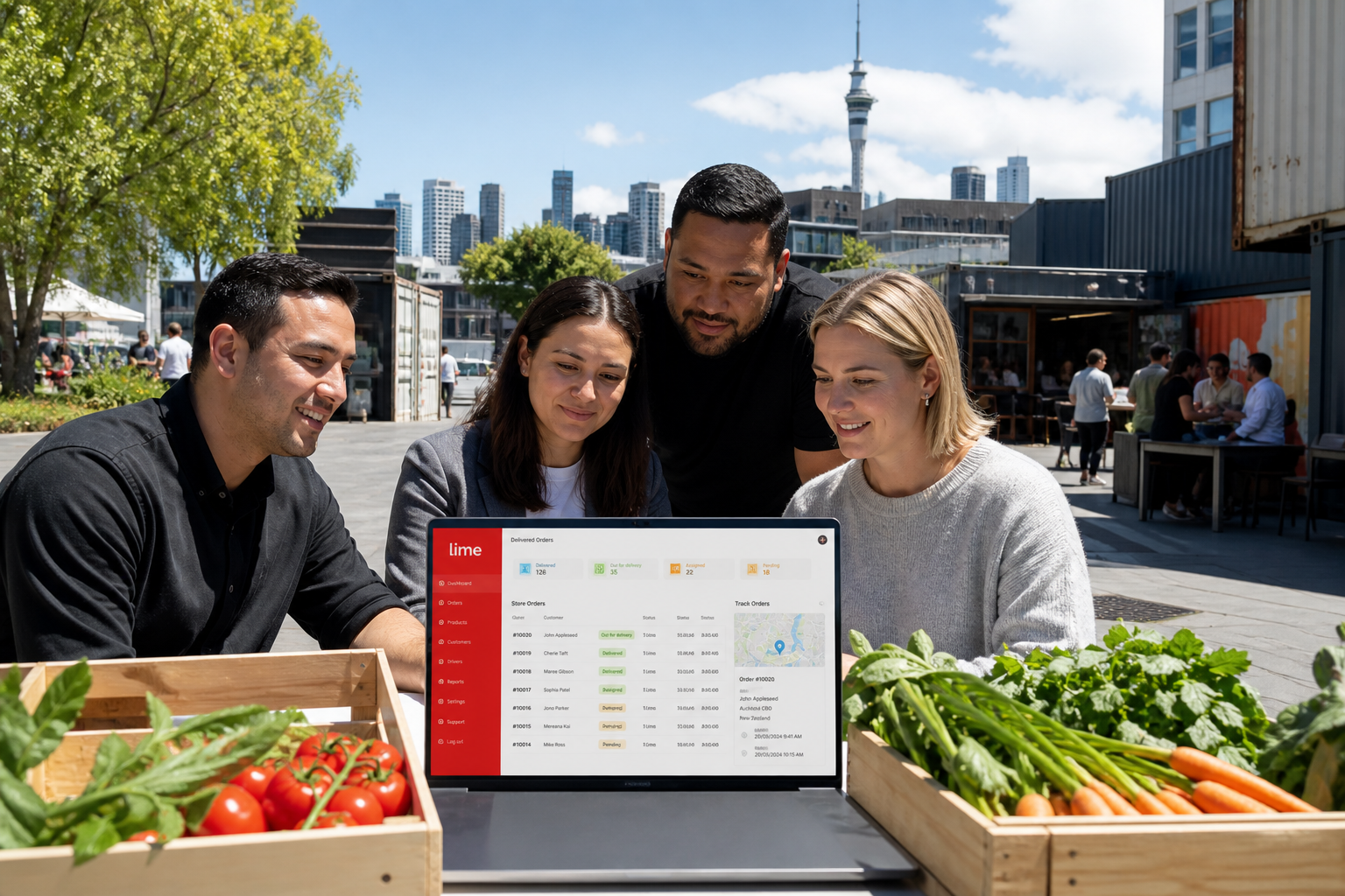 Bright Auckland plaza team reviewing an original grocery delivery dashboard with orders and stores