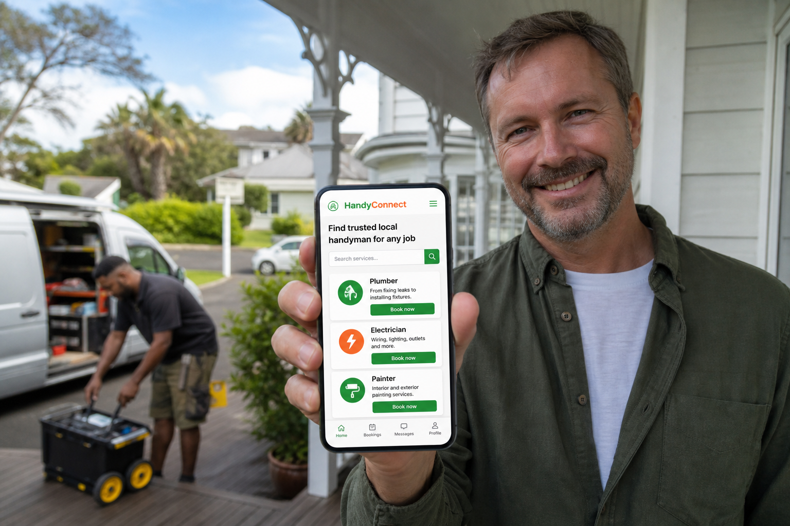 Bright Auckland villa porch with a customer using an original handyman marketplace app to book a local tradesperson