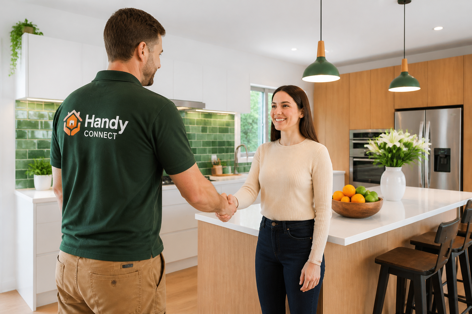 Bright Auckland kitchen with a phone showing original local trades and Book now cards