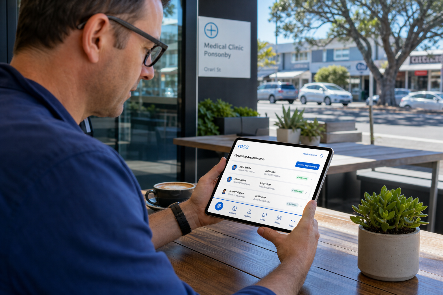 Sunny Auckland cafe with a clinician reviewing an original healthcare app on a tablet