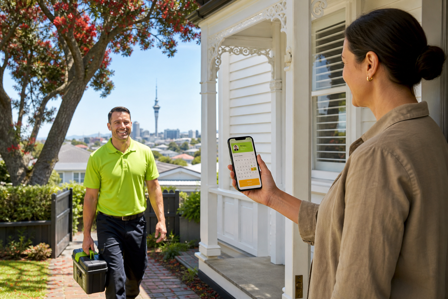 Bright Auckland villa with a home service professional arriving while a customer books on a phone