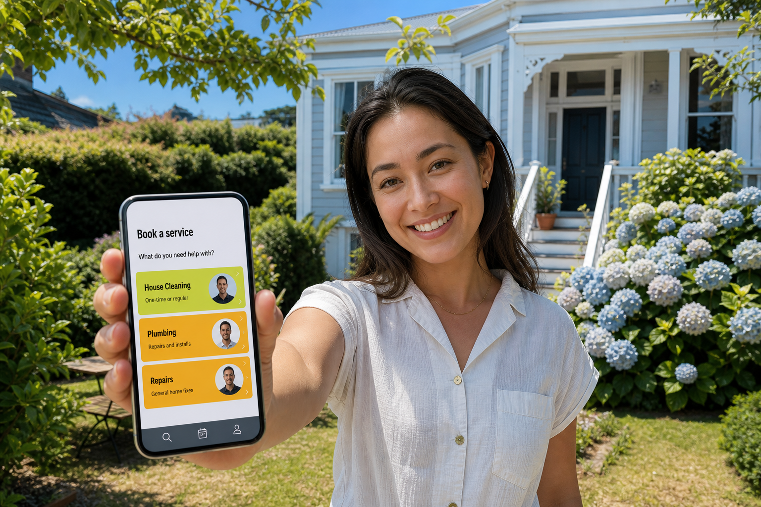 Sunny Auckland villa with a smartphone showing an original home service booking screen