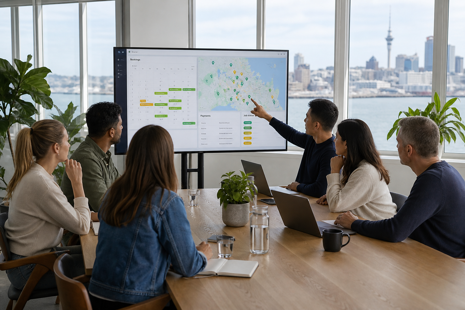 Bright Auckland studio team reviewing a home service booking and provider dashboard