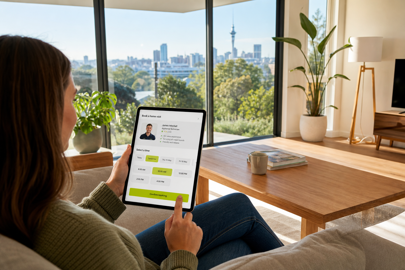 Sunny Auckland living room with a customer booking a home visit on an original service app