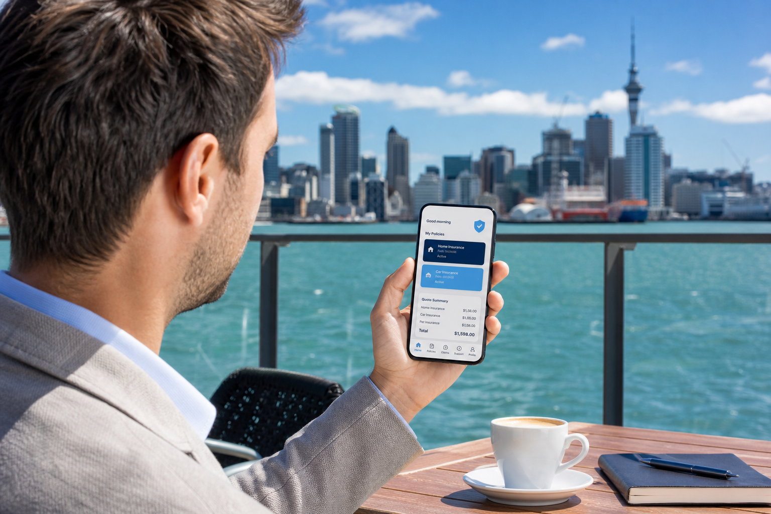 Bright Auckland waterfront office with a customer reviewing an original insurance app on a phone