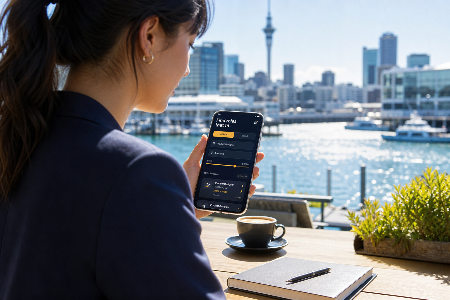 Bright Auckland cafe with a candidate reviewing original job listings on a smartphone