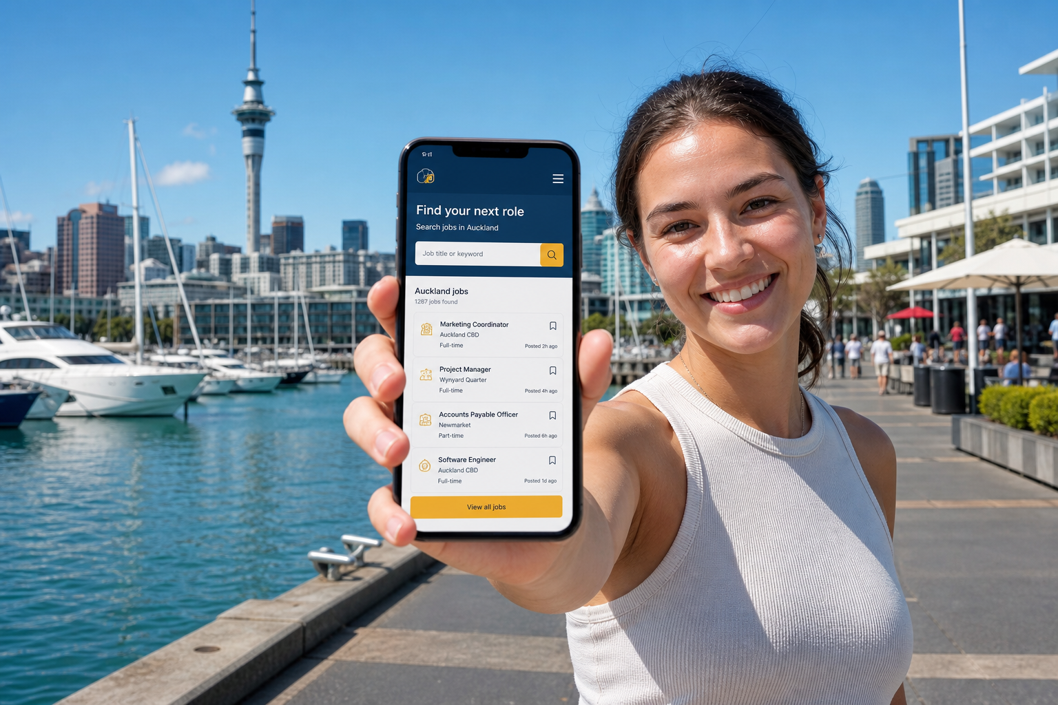 Sunny Auckland waterfront with a smartphone showing an original job search app