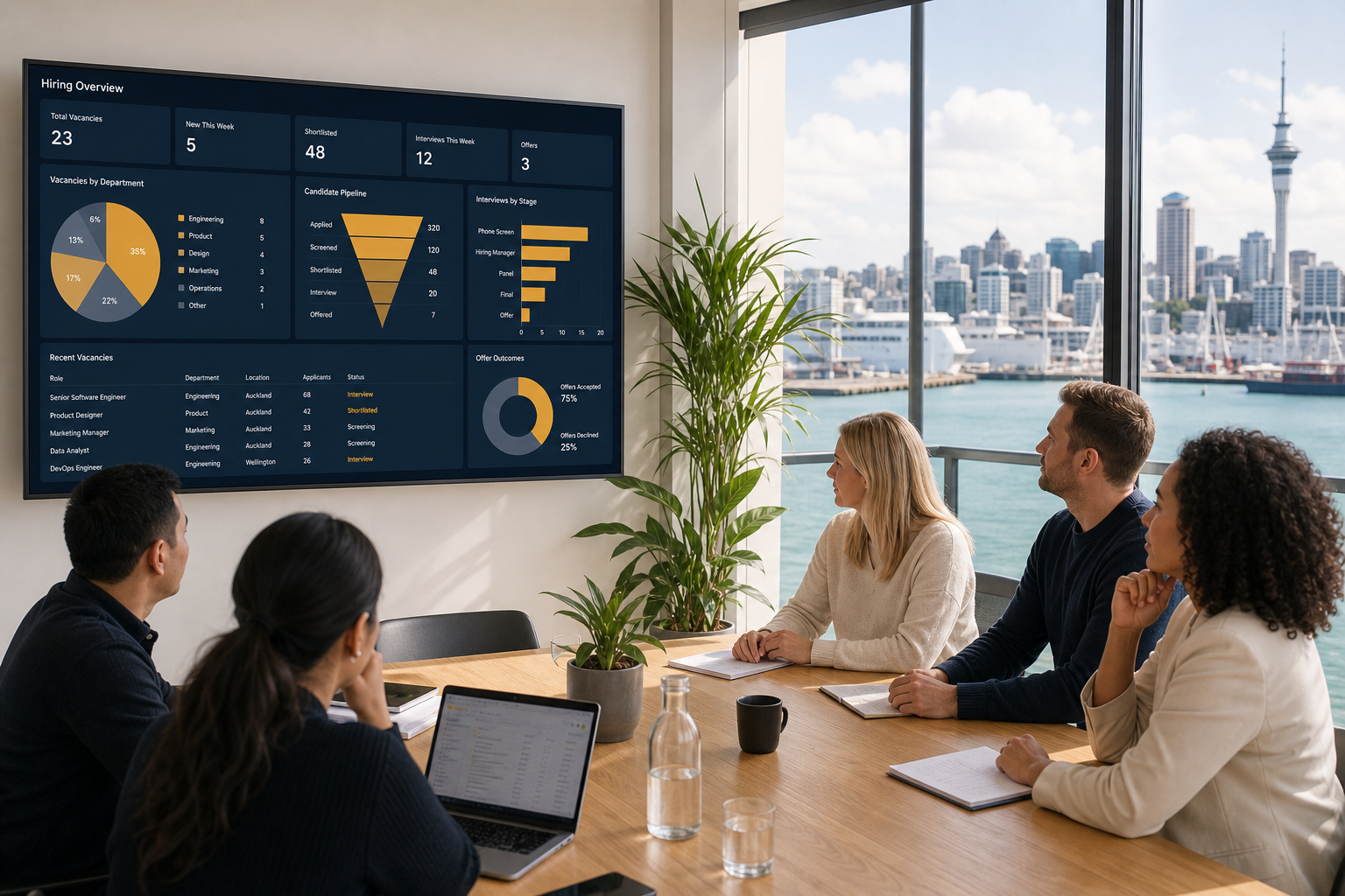 Bright Auckland studio team reviewing a recruitment dashboard with vacancies and candidates