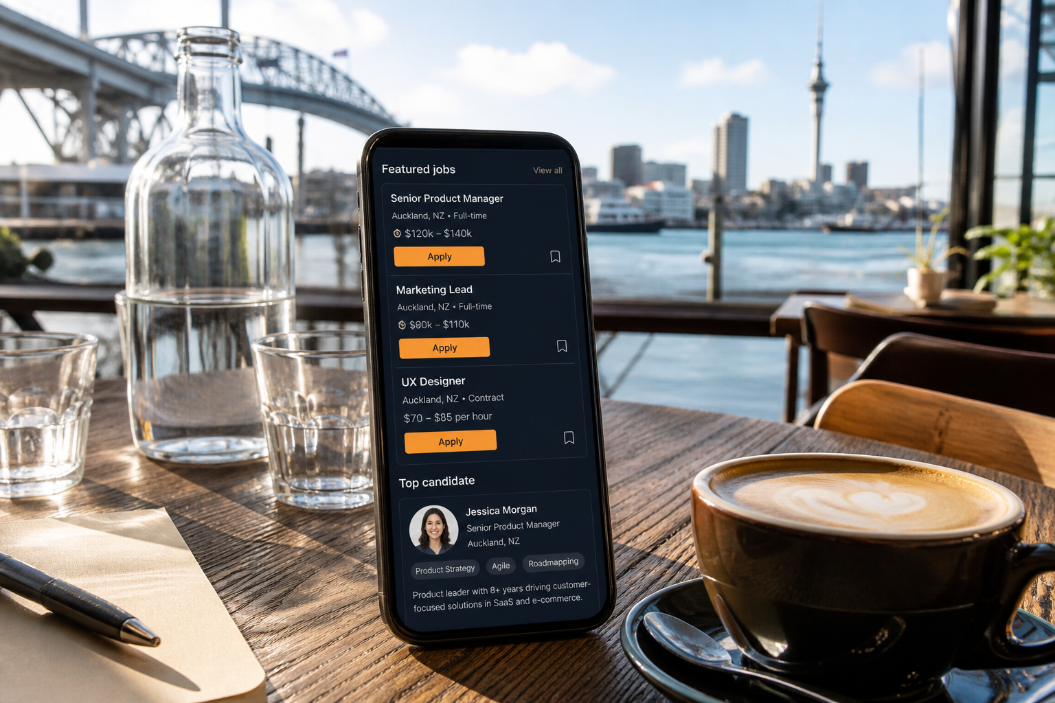 Sunny Auckland cafe with a phone showing an original job portal with listings and applications