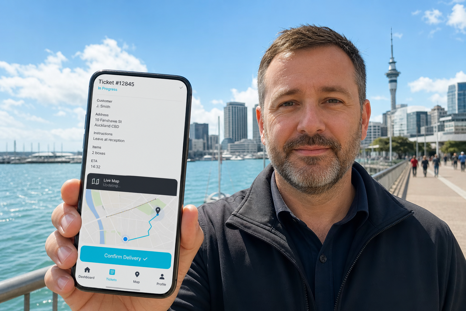 Sunny Auckland waterfront with a smartphone showing an original last mile delivery ticket and map
