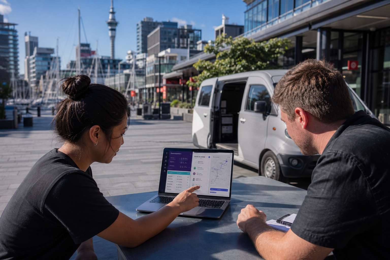 Bright Auckland plaza team reviewing an original last mile platform with dispatch and a driver map