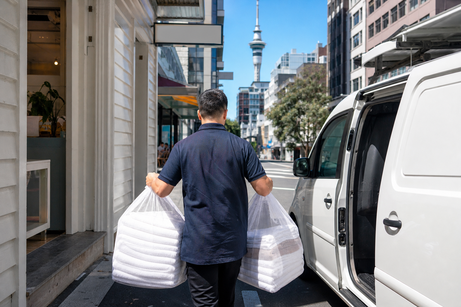 Bright Auckland street with a laundry courier carrying bagged laundry to an unmarked van