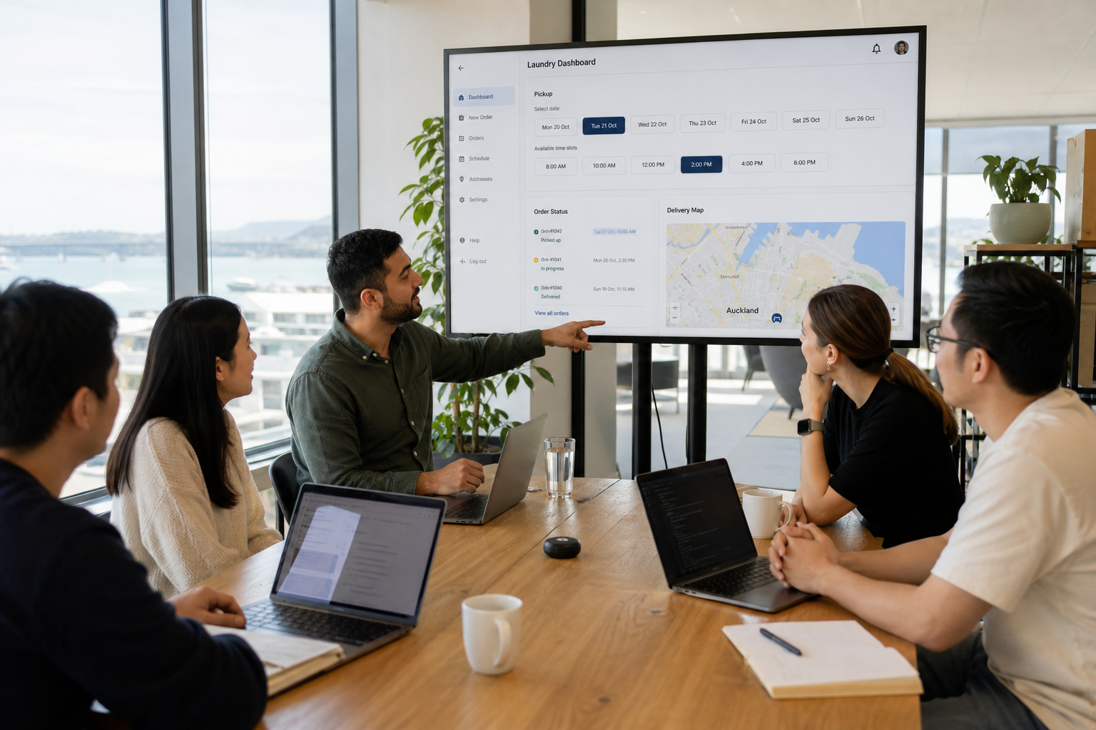 Bright Auckland studio team reviewing a laundry booking and pickup platform