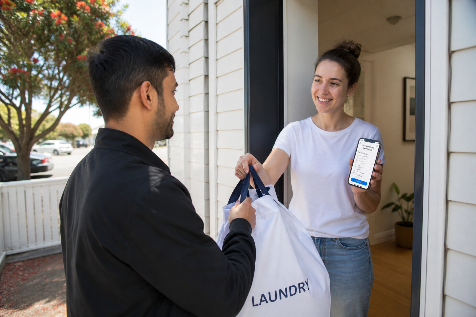 Bright Auckland doorway with a customer handing a laundry bag to a pickup driver