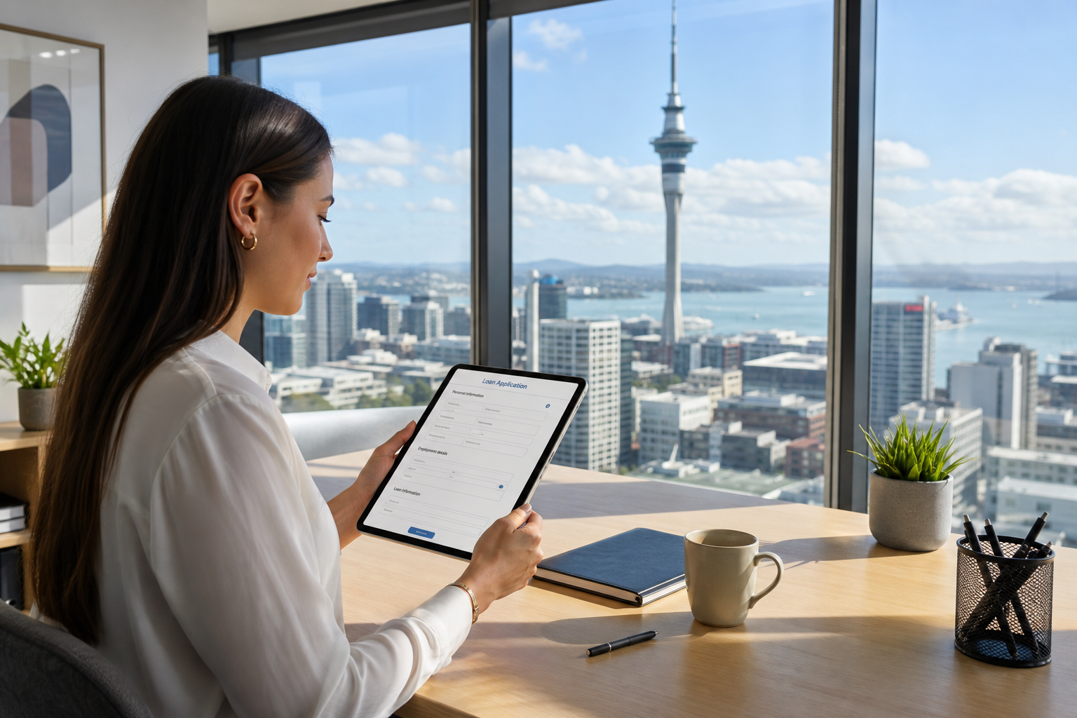 Bright Auckland finance studio with a borrower reviewing a digital loan application on a tablet