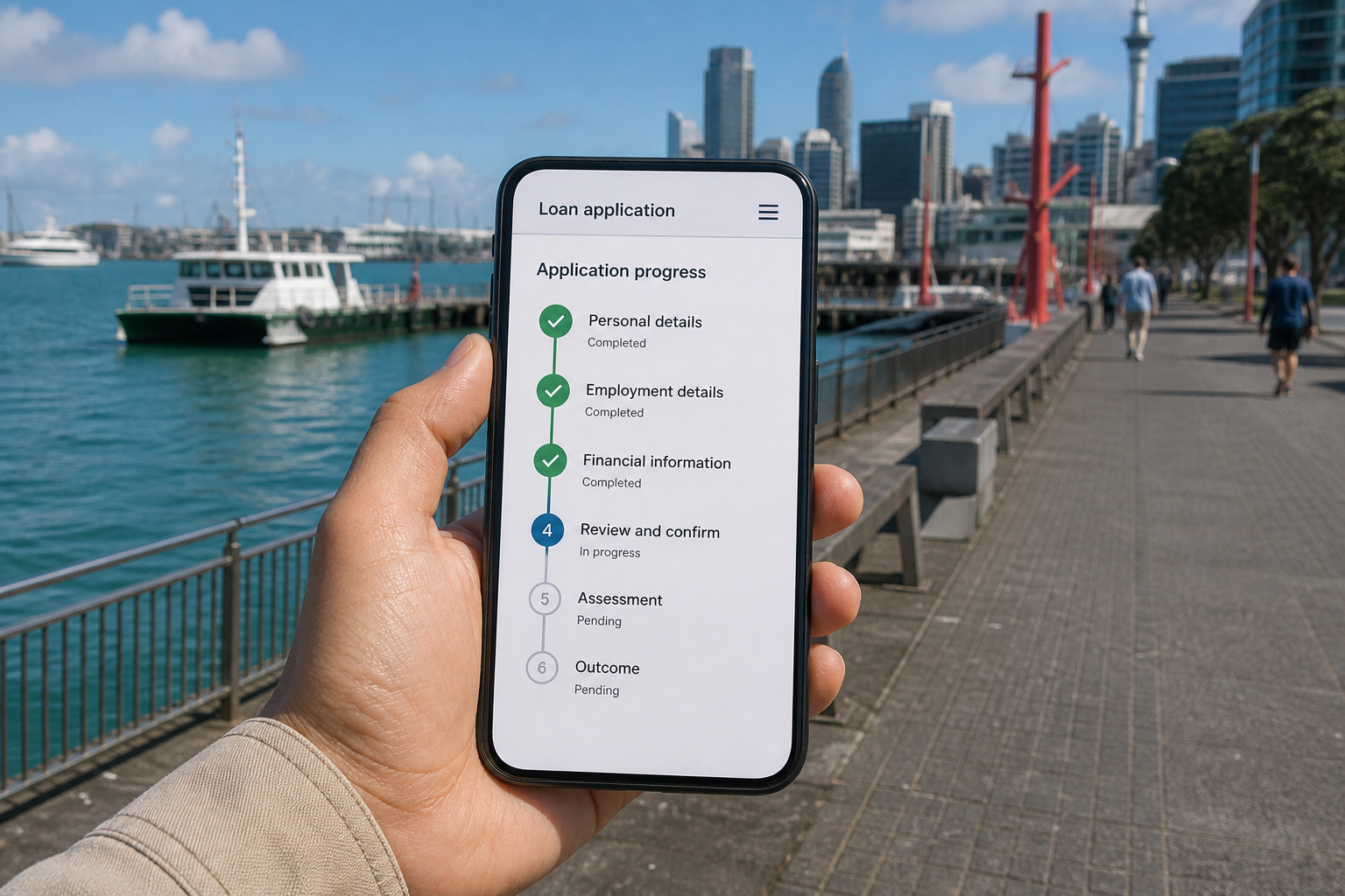 Sunny Auckland waterfront with a smartphone showing a digital loan application screen