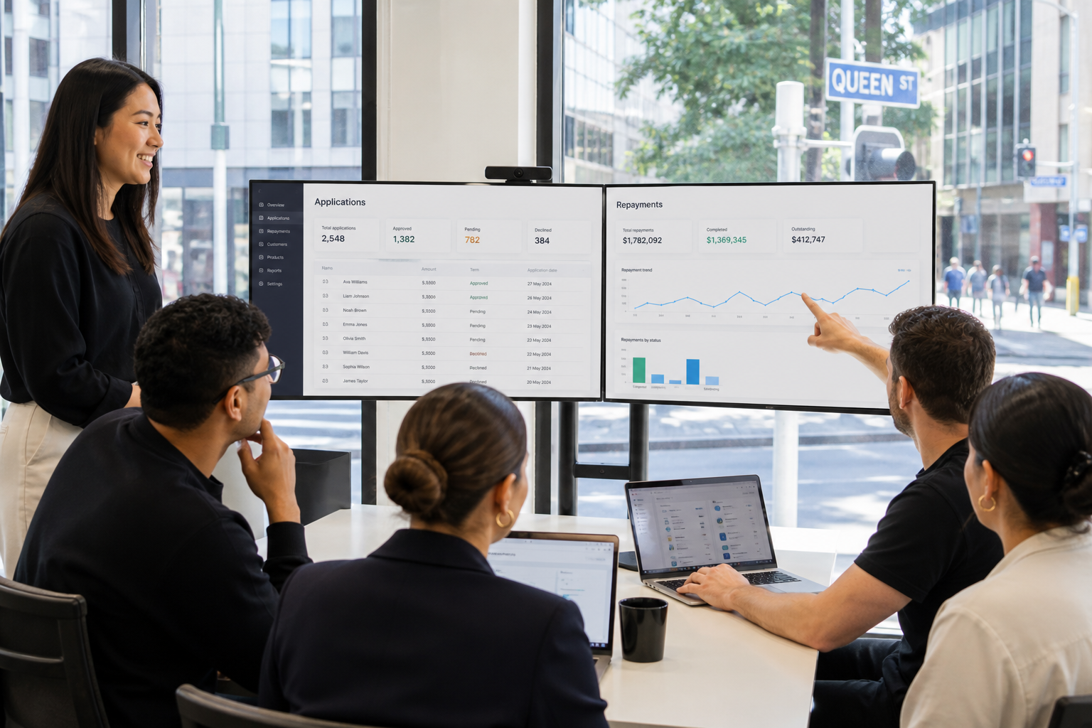 Bright Auckland studio team reviewing a digital lending application and repayment platform