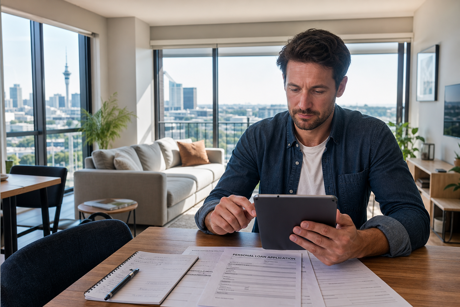 Sunny Auckland apartment with a borrower completing a personal loan application on a tablet