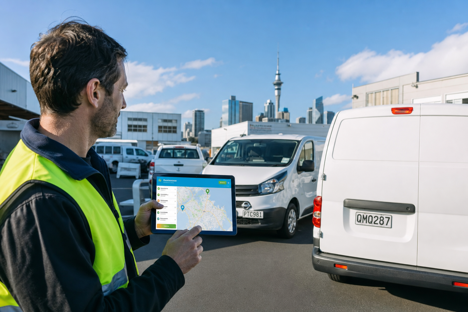 Bright Auckland logistics yard with a dispatcher using an original fleet tracking app beside white delivery vans