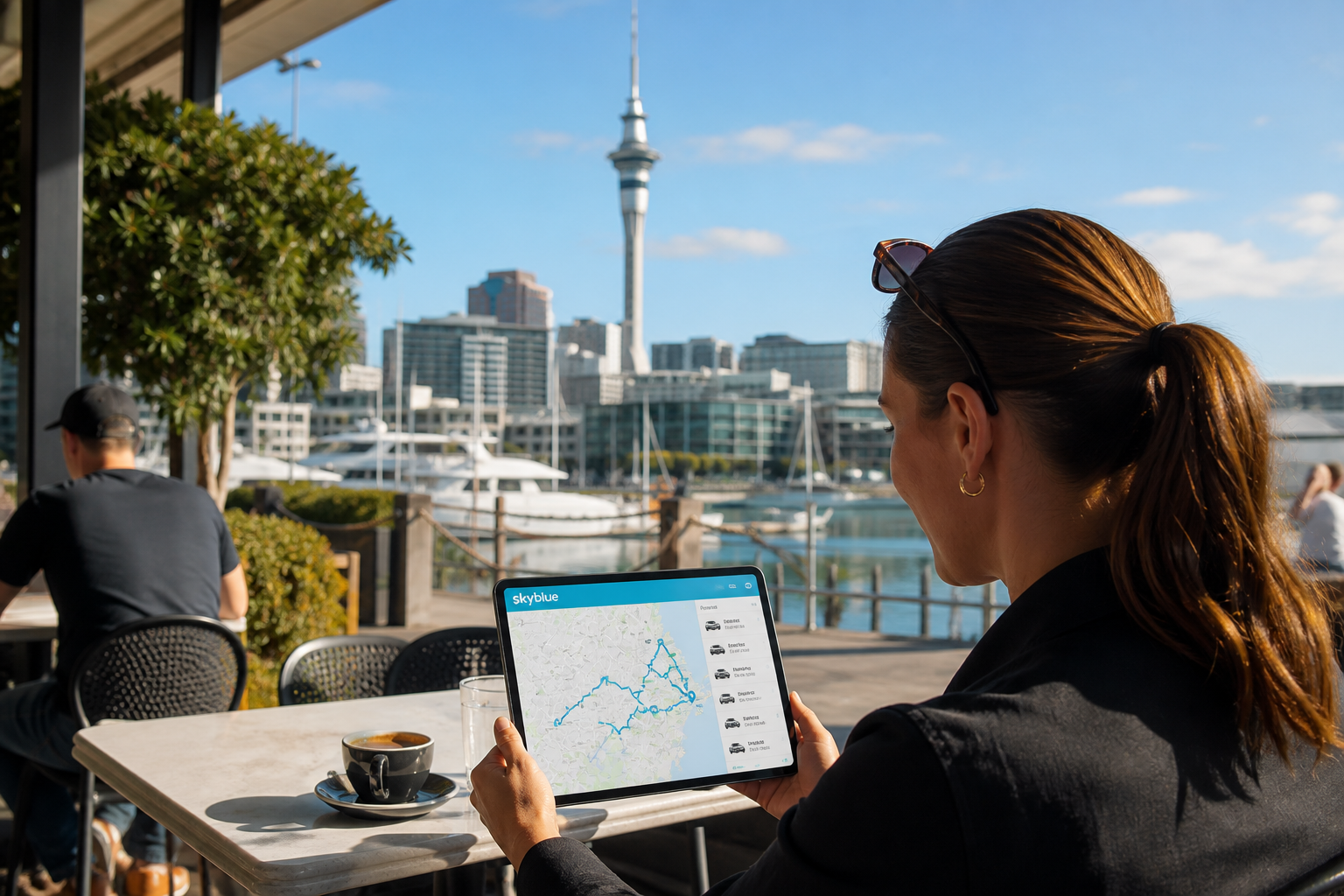 Sunny Auckland cafe with an operations lead reviewing an original logistics app on a tablet