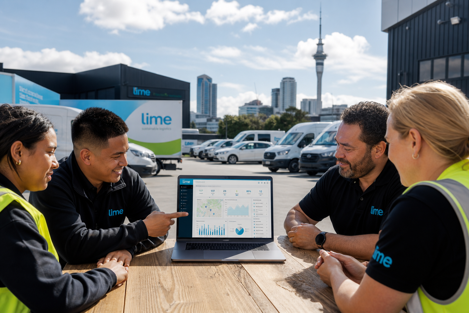 Bright Auckland logistics yard team reviewing an original fleet dashboard beside delivery vans
