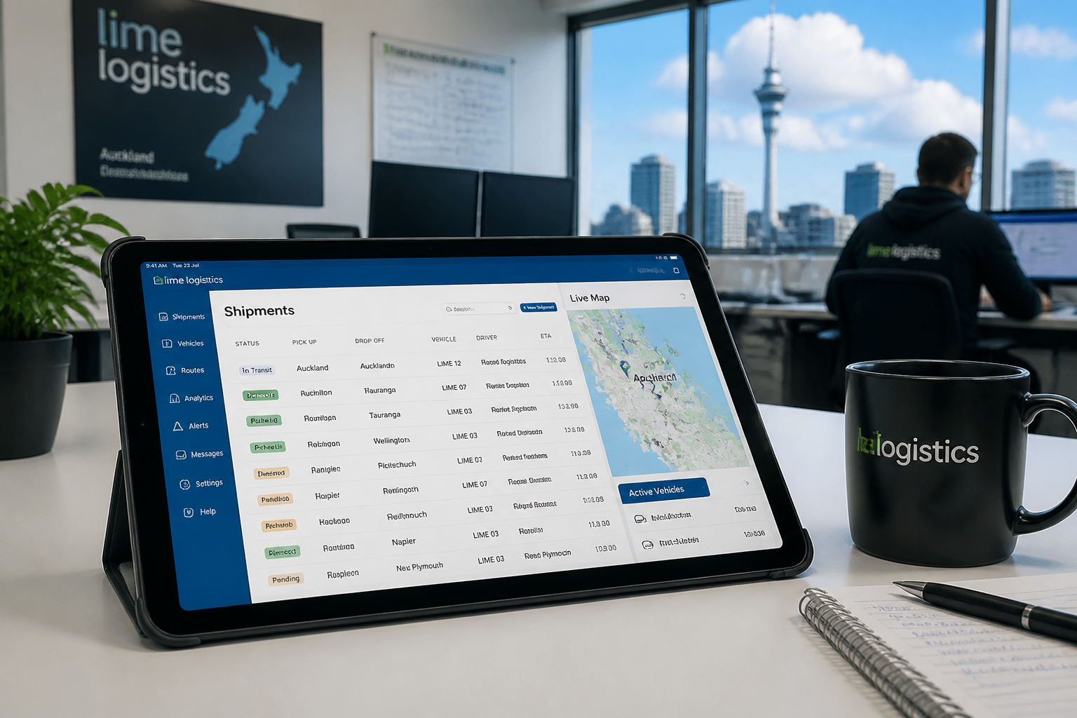 Sunny Auckland dispatch desk with a tablet showing original shipments vehicles and routes