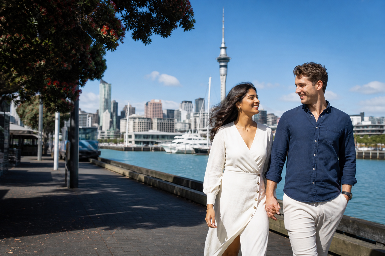 Bright Auckland waterfront with a smiling couple walking together in sunlight