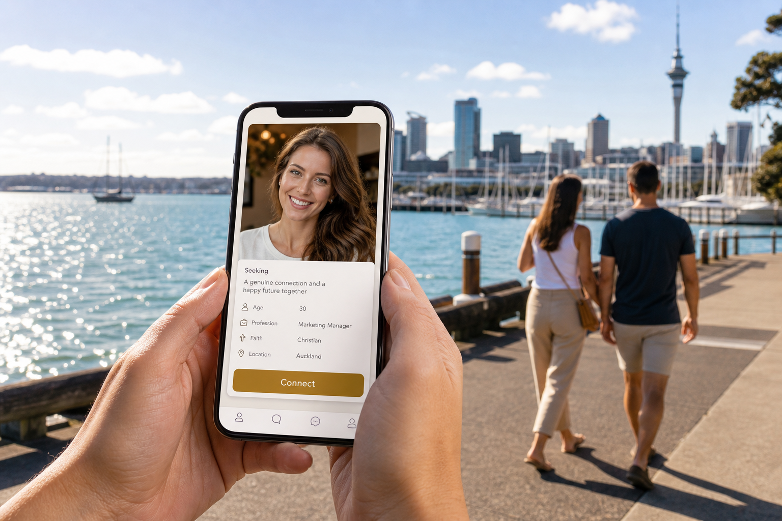 Sunny Auckland waterfront with a smartphone showing a matchmaking profile