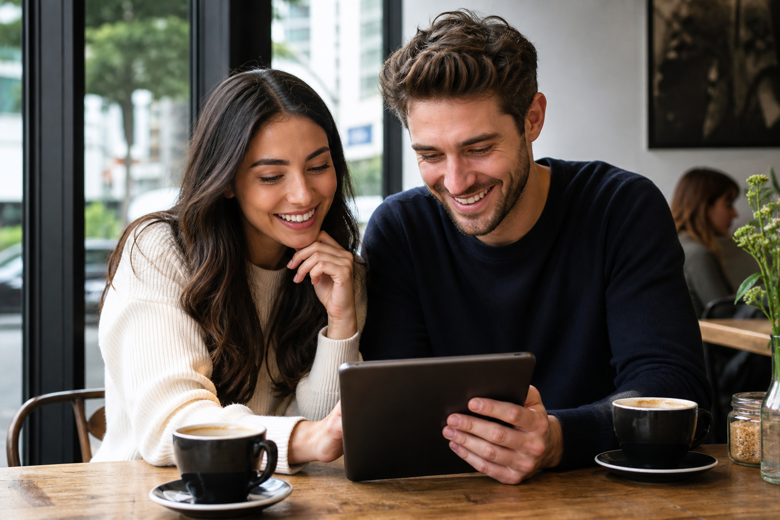Bright Auckland cafe with a couple reviewing matchmaking profiles on a tablet