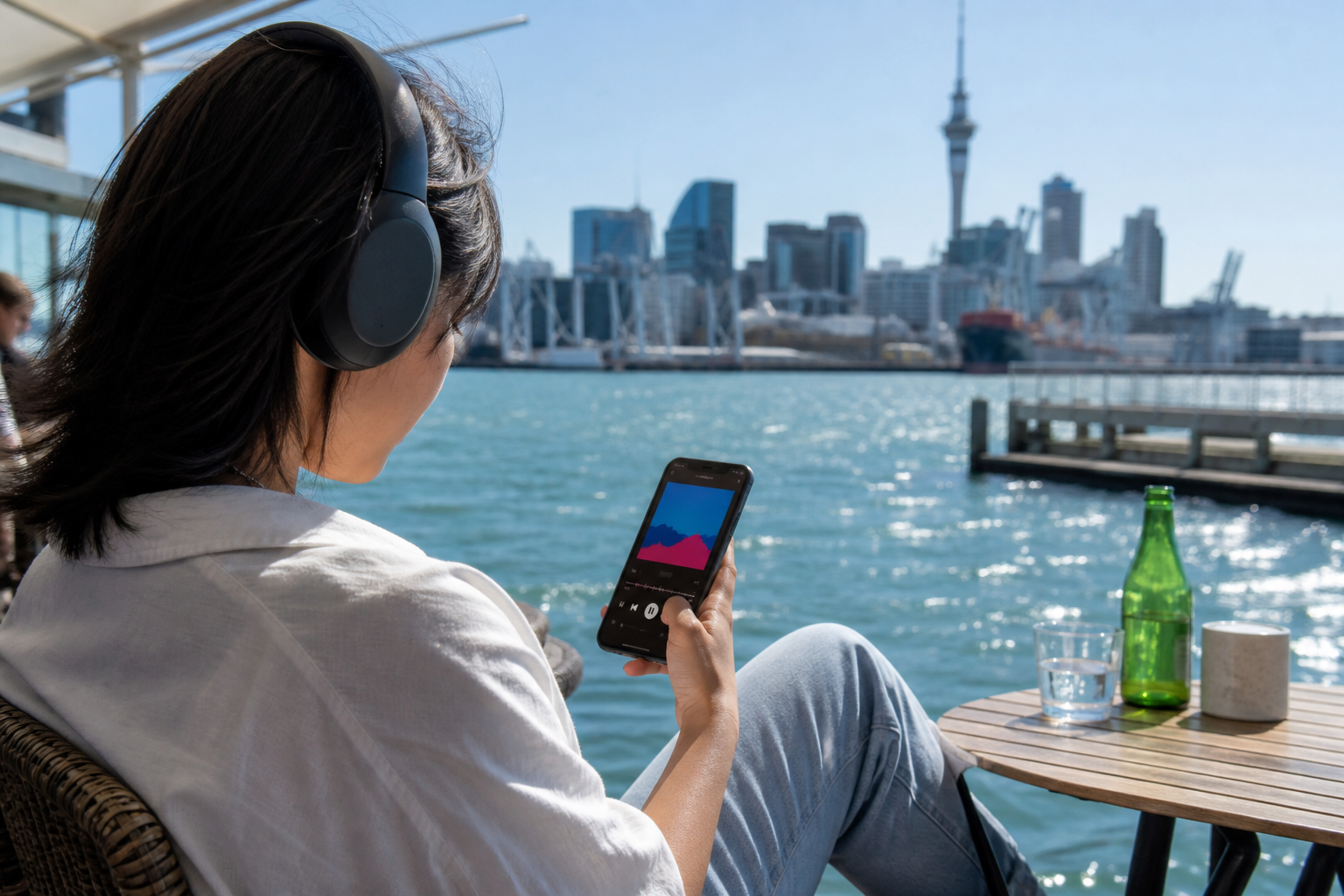 Bright Auckland waterfront cafe with a listener using an original music streaming app on a phone