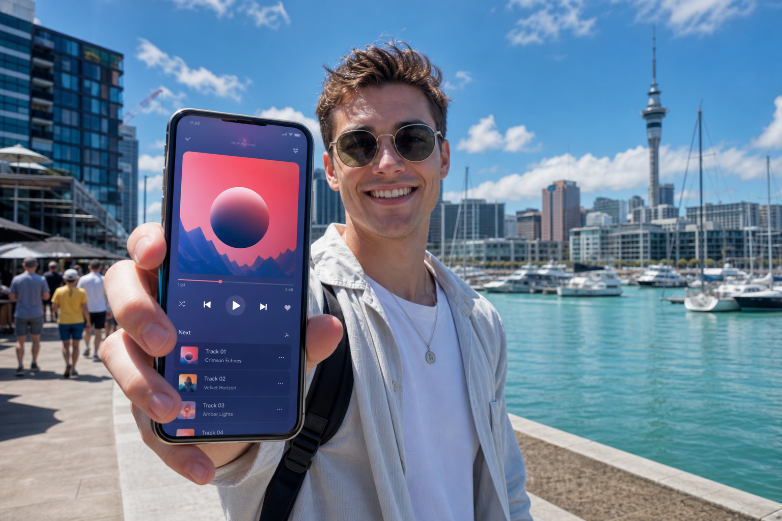 Sunny Auckland waterfront with a smartphone showing an original music streaming player