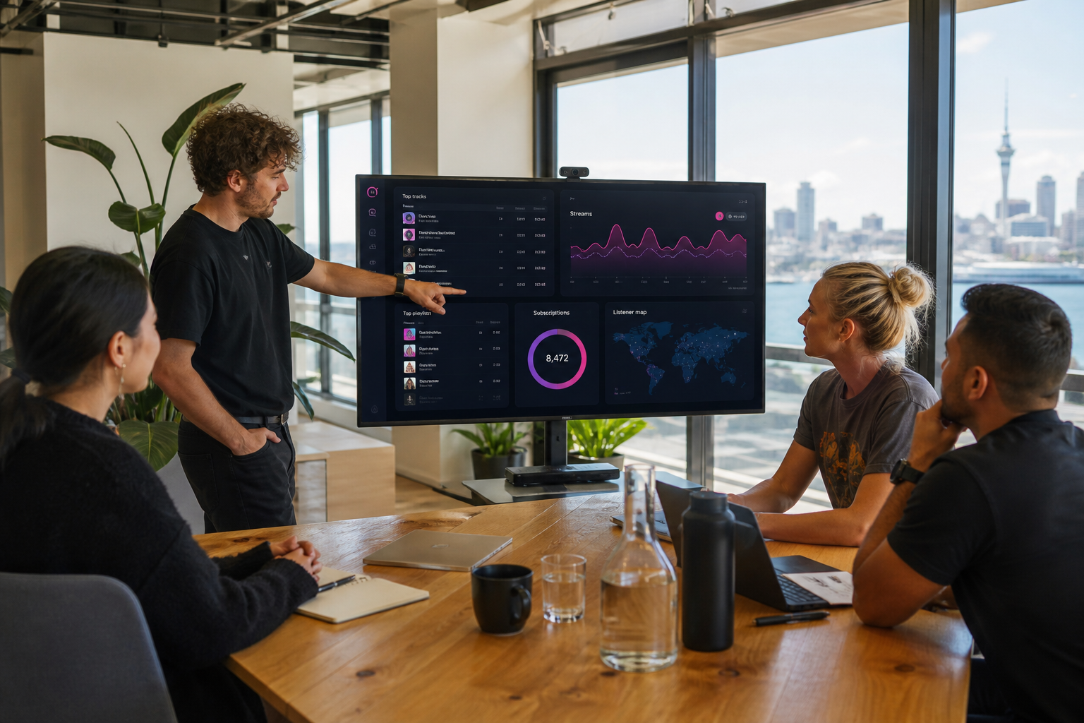 Bright Auckland studio team reviewing an original music streaming dashboard with playlists and listeners
