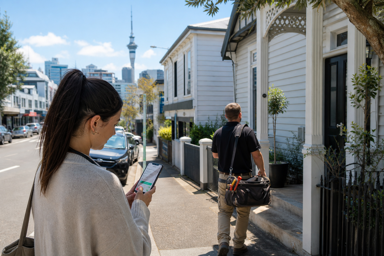 Bright Auckland street with a customer booking a local service on a smartphone in daylight