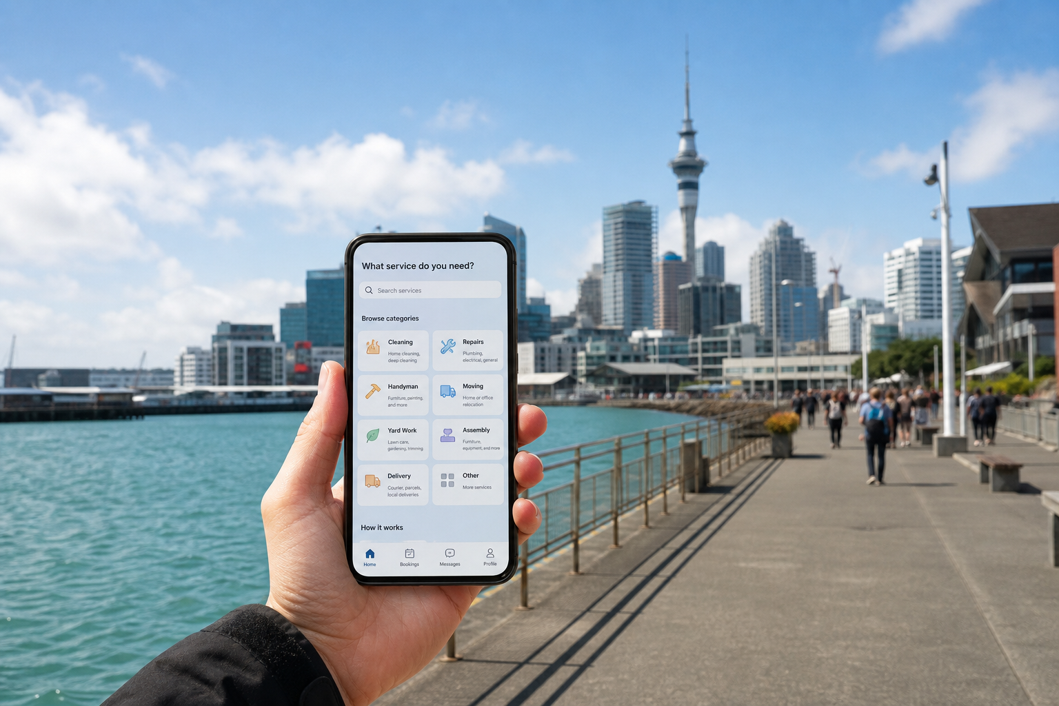 Sunny Auckland waterfront with a smartphone showing an on demand service booking screen
