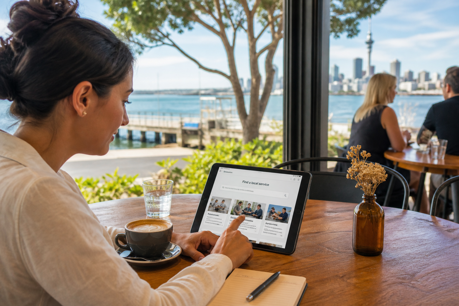 Sunny Auckland cafe with a customer booking a local service on a tablet