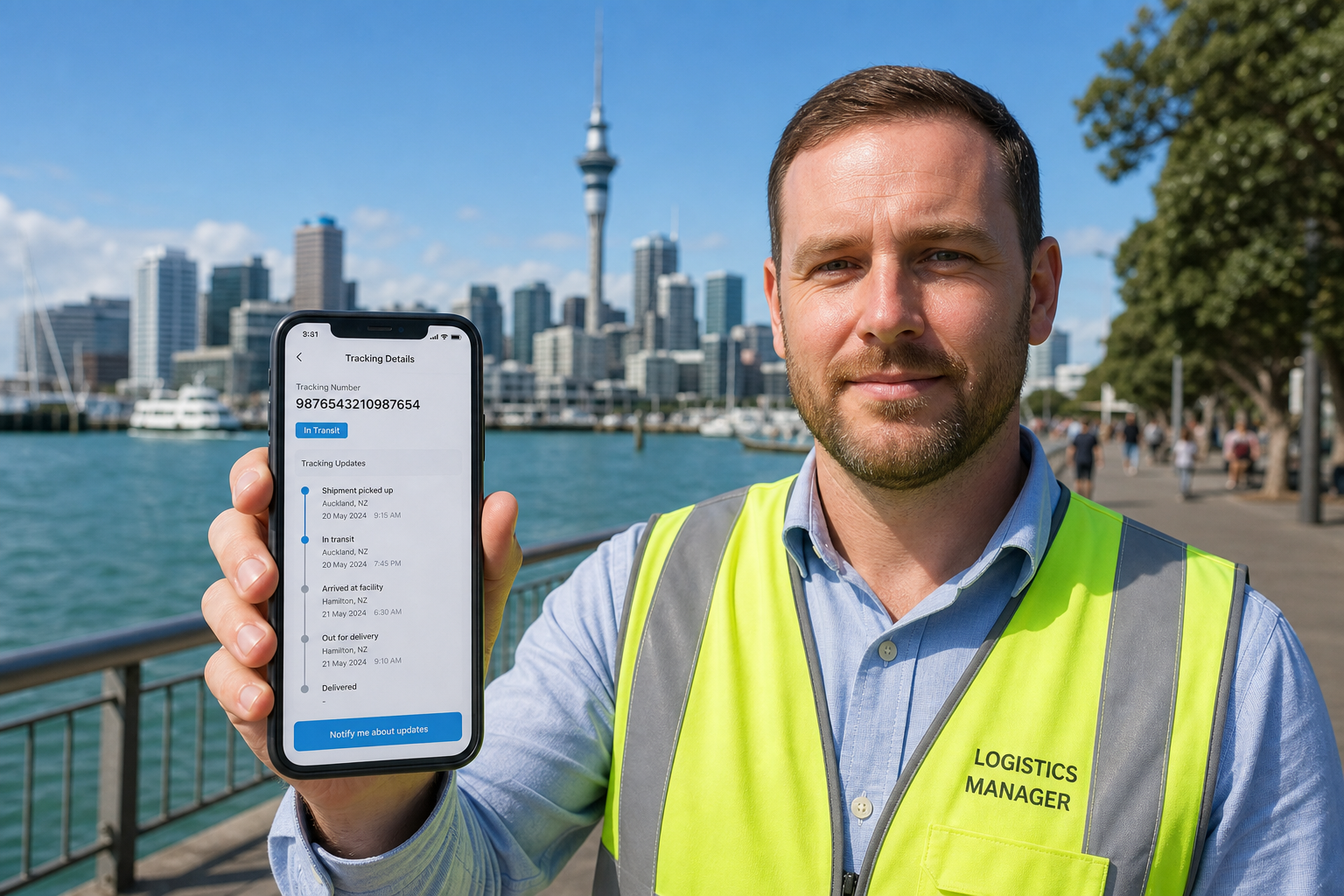 Sunny Auckland waterfront with a smartphone showing an original parcel tracking number and timeline