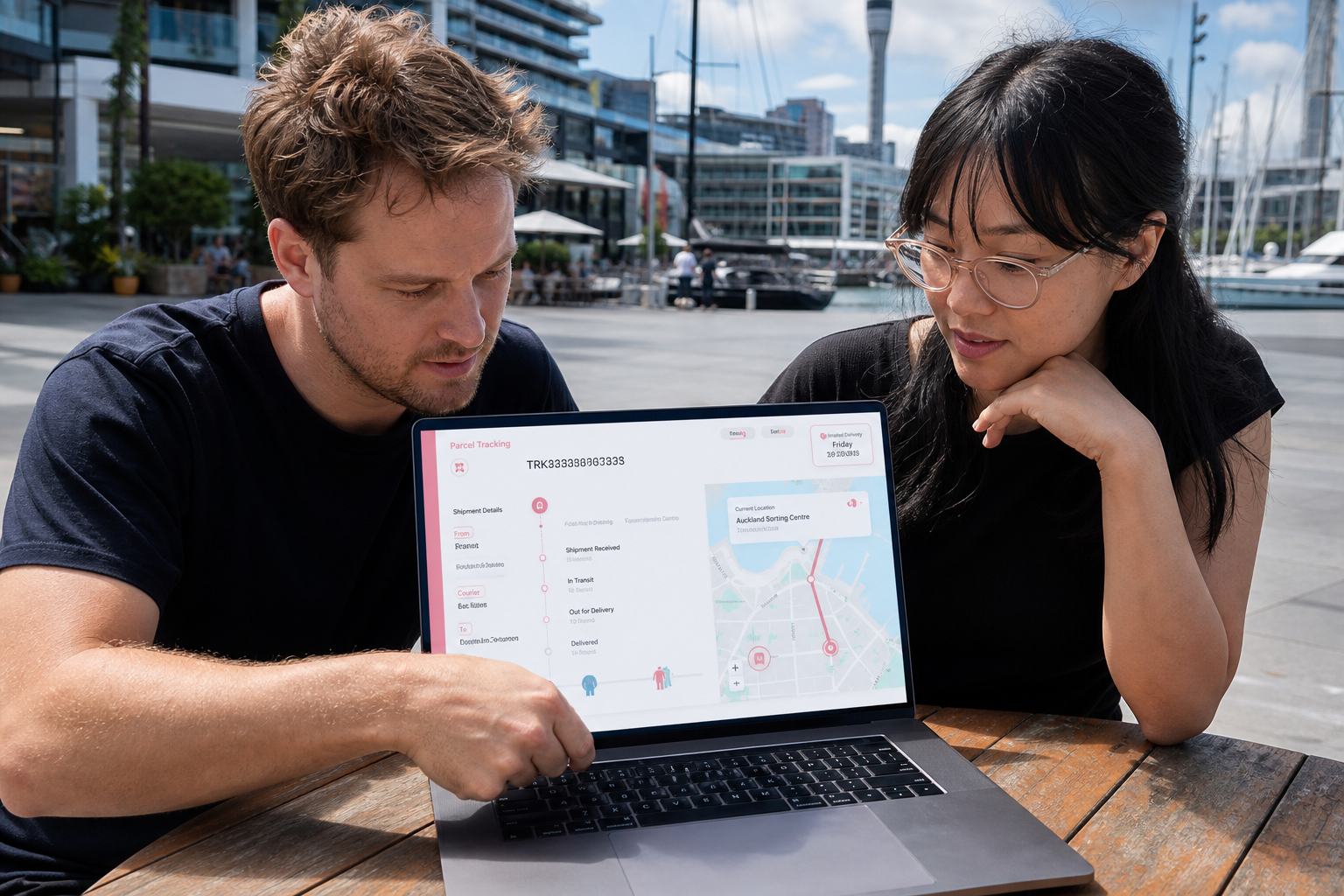Bright Auckland plaza team reviewing an original parcel tracking platform with a shipment timeline