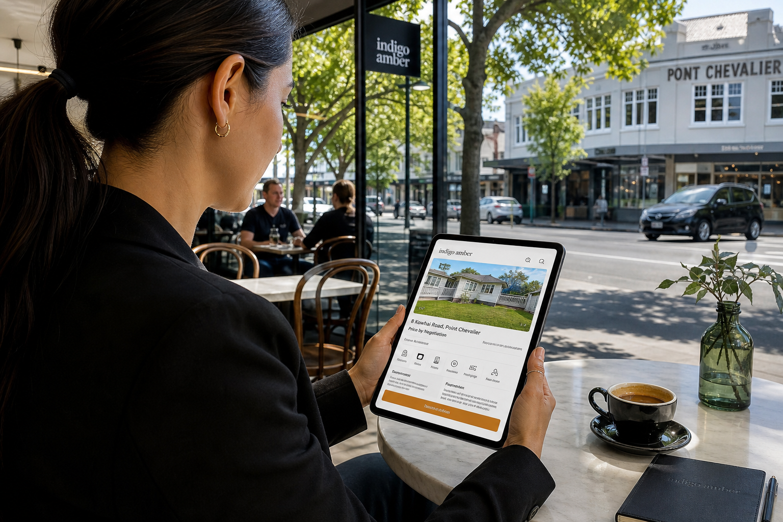 Sunny Auckland cafe with an agent reviewing an original property listing app