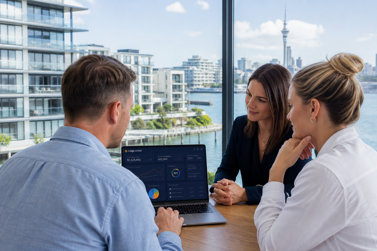 Bright Auckland waterfront team reviewing an original real estate dashboard