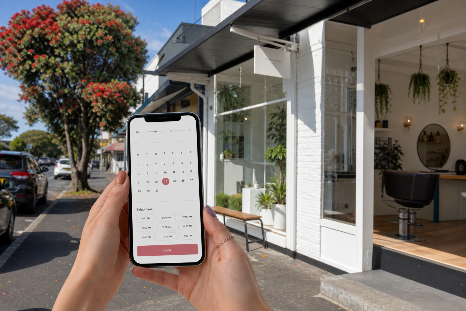 Sunny Auckland salon storefront with a smartphone showing an appointment booking screen