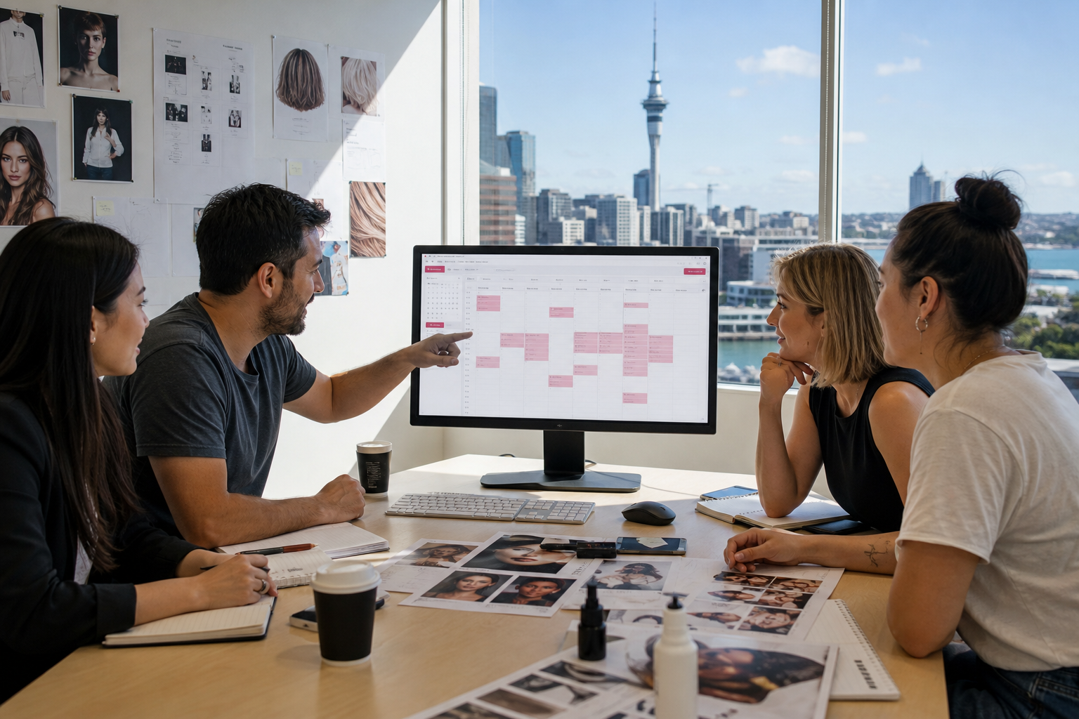 Bright Auckland studio team reviewing a salon booking platform on a large screen