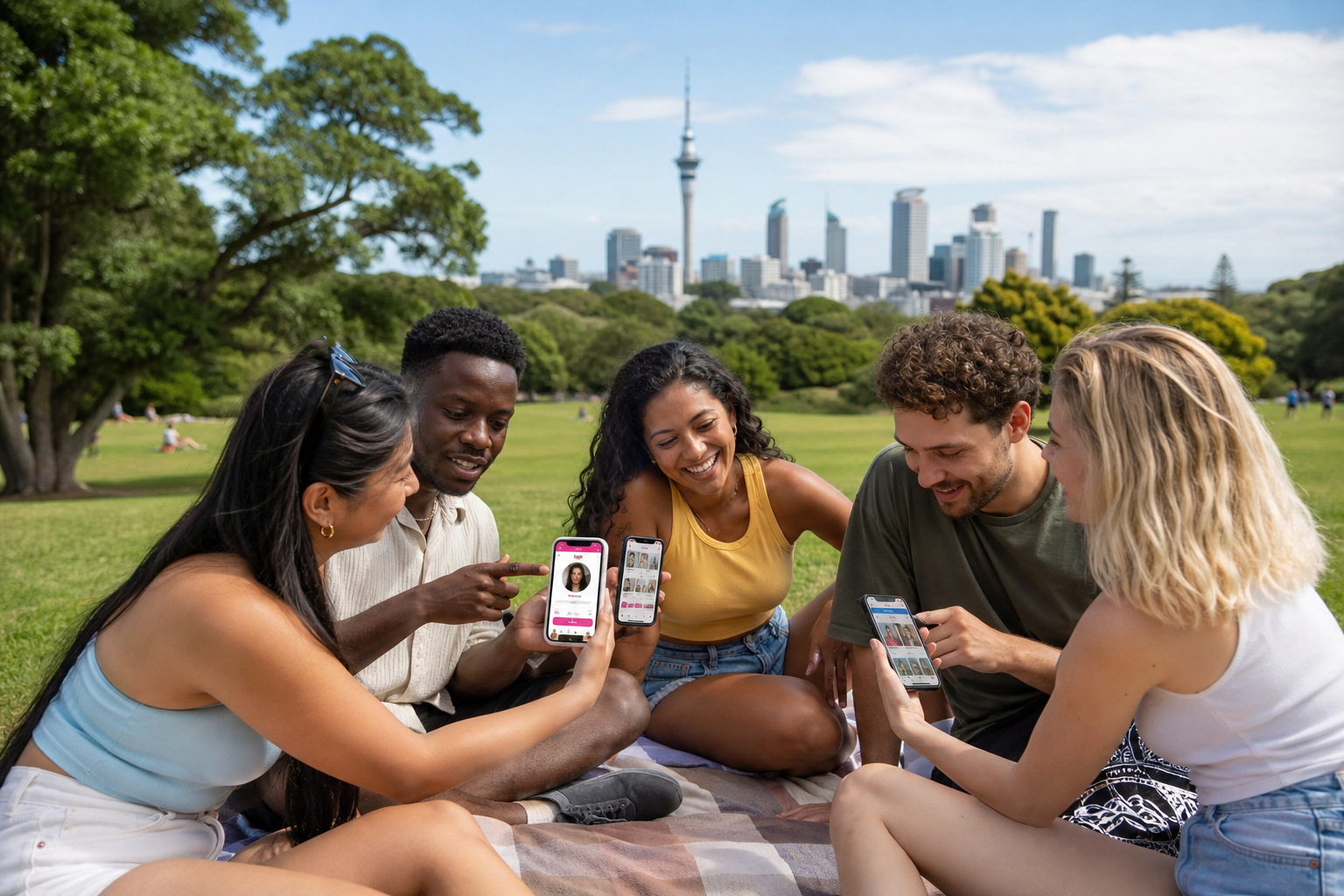 Sunny Auckland park with friends connecting through an original social networking feed on phones