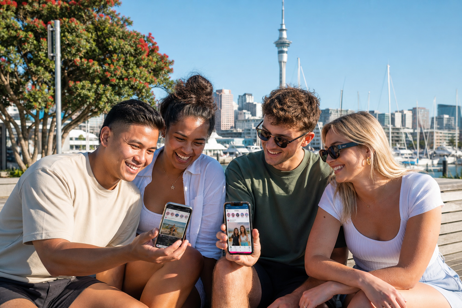 Bright Auckland waterfront with friends sharing photos on phones through an original social feed