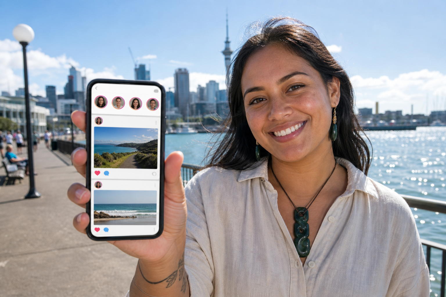 Sunny Auckland waterfront with a smartphone showing an original social feed